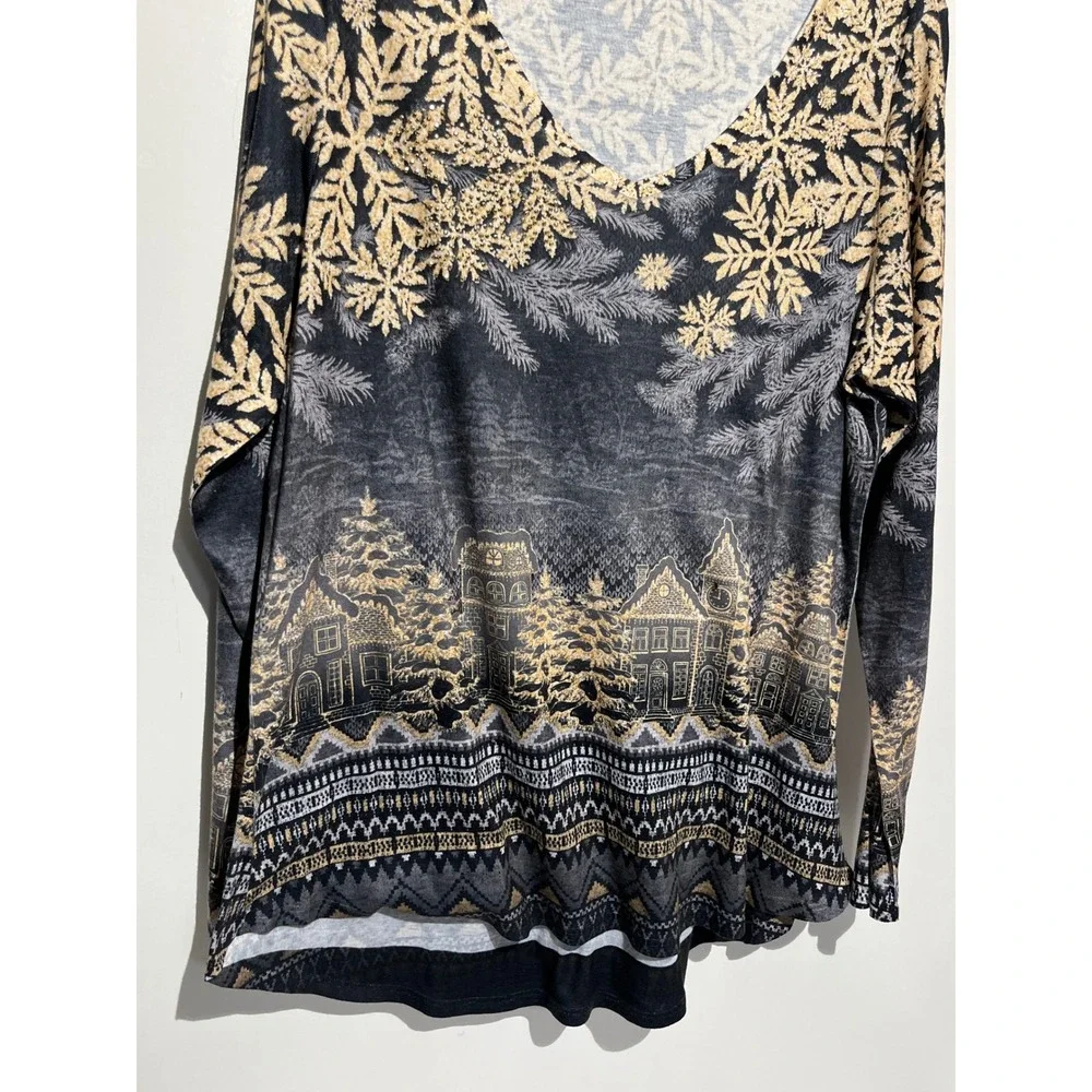 One World Winter Village Snowflake Gold Black V-Neck Long Sleeve Top‎ XXL